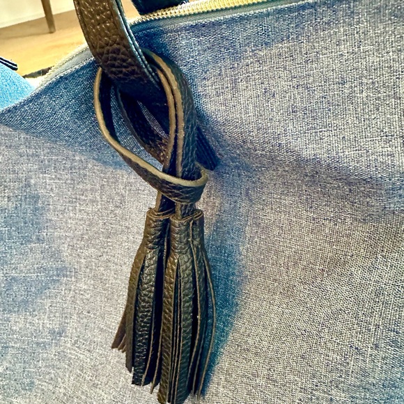 BOUTIQUE Denim Blue Tote Bag with Black Faux Leather & Gold Open Top Zip Accents - Picture 7 of 8